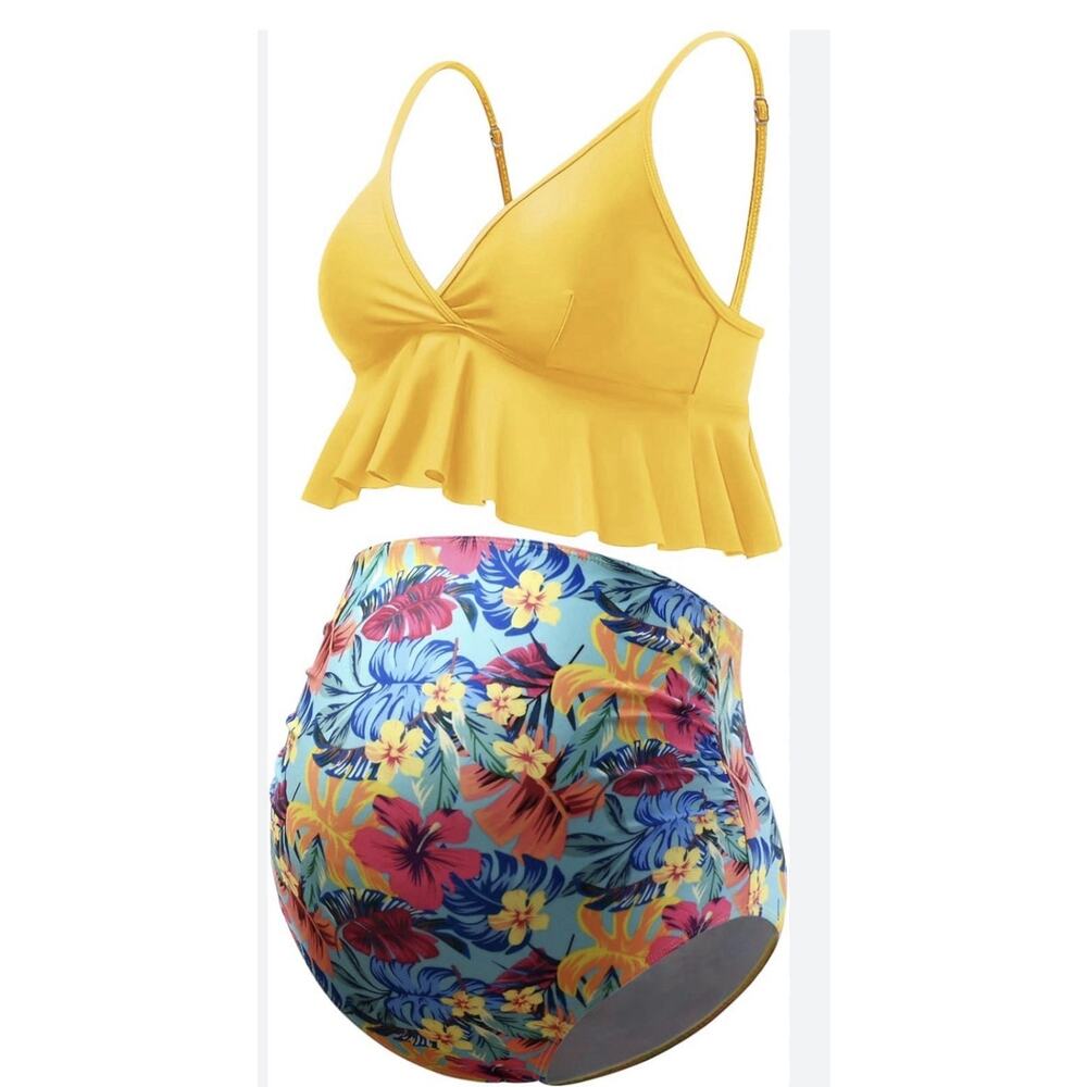 Maternity Bikini Two Piece Swimsuits Ruffle High Waisted Maternity Yellow Small